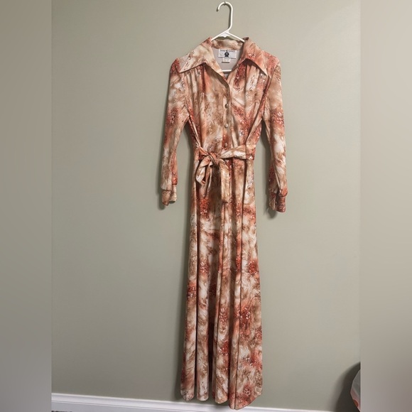 Vintage 1970's Long Sleeve Printed Button Up Maxi Dress Kenny Classics Size 10 - Picture 2 of 7